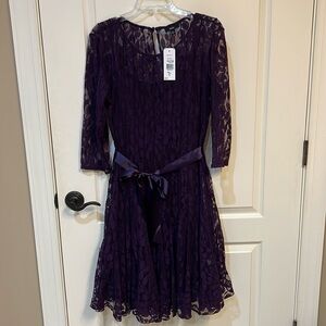 MSK Purple lace dress, NWT. Size 14, solid slip and detachable satin ribbon